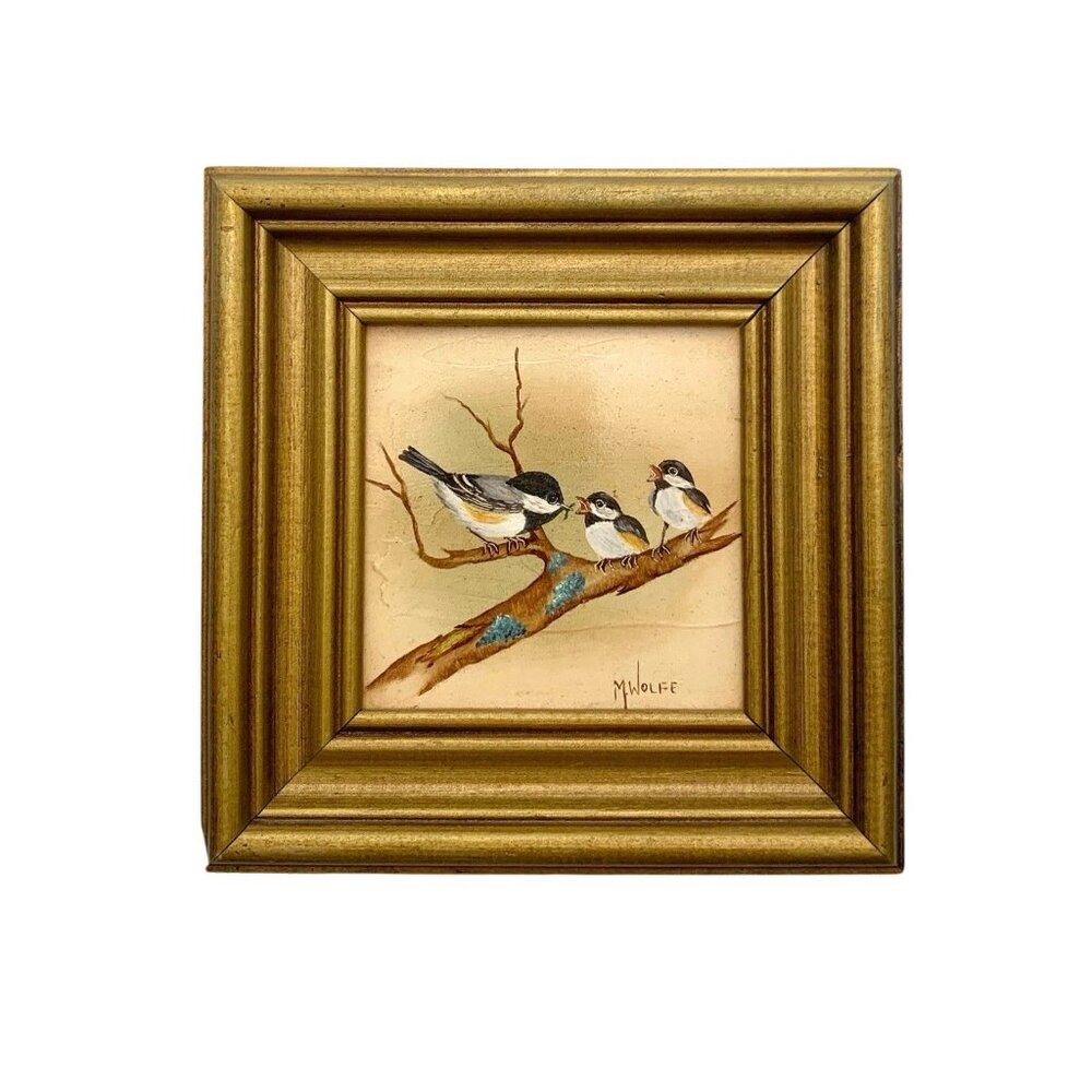 Bird Painting Chickadee on Branch Oil on Board Vintage Miniture Art Decor Gift